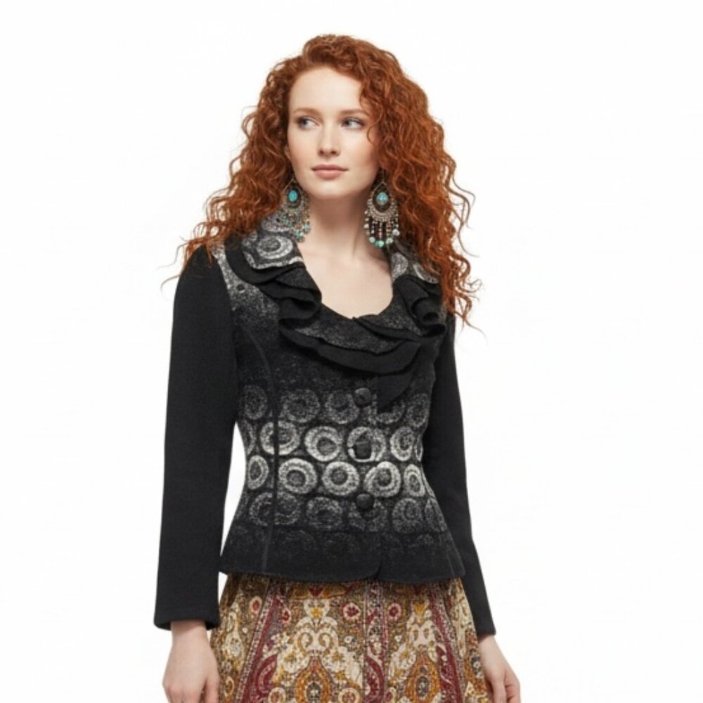 VEX Boiled Wool Blend Ruffle Collar Circle Pattern Jacket Sweater Size S